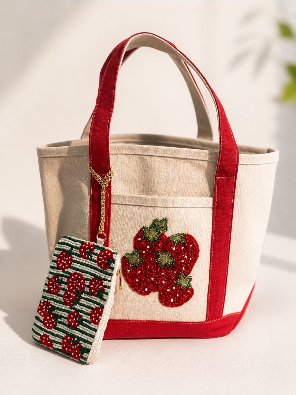 Canvas Beaded Strawberry Mini Tote Bag
